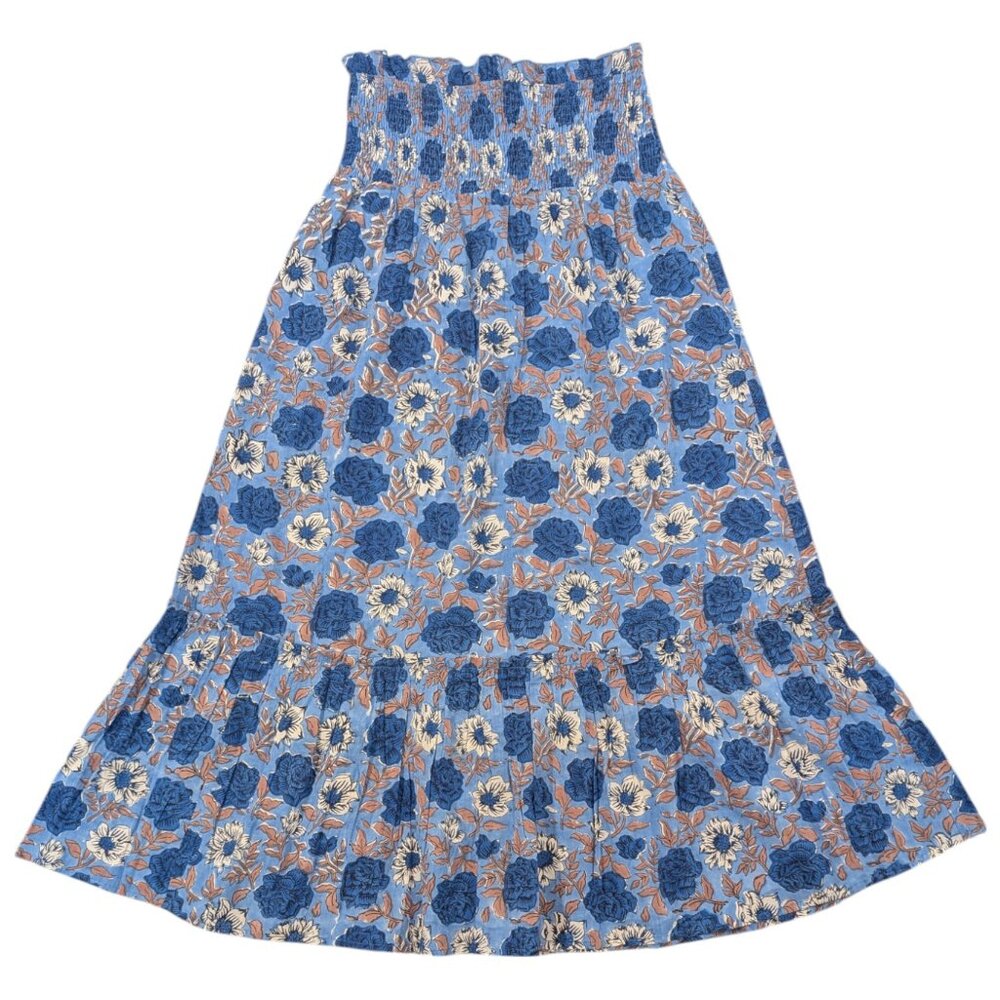 FITZROY & WILLA Cotton Maxi Skirt M Floral Blue Ruffle Hem Stretch Waist Smocked - Picture 1 of 8